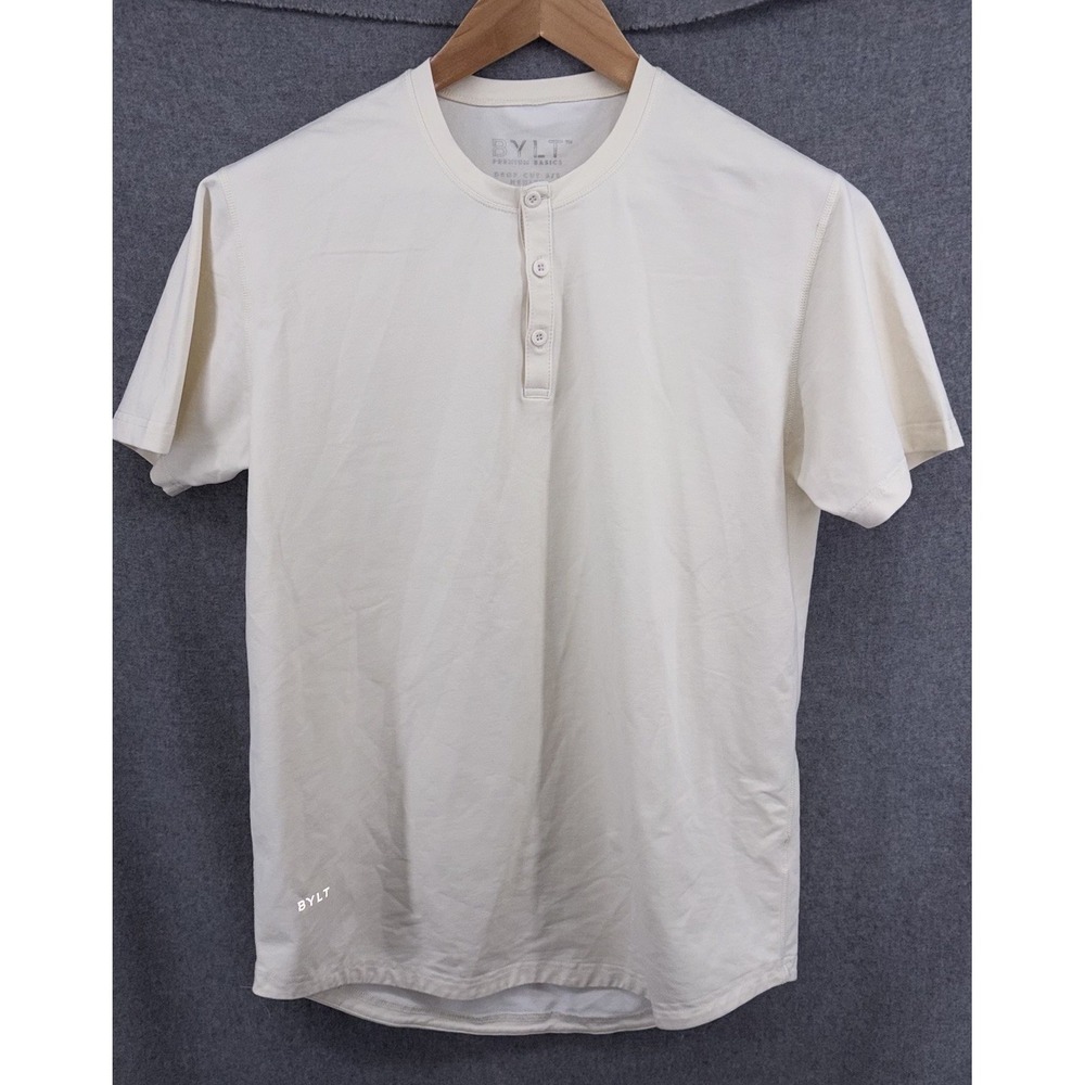 BYLT Shirt Drop Cut Henley Short Sleeve Performance T-Shirt Mens Medium Cream